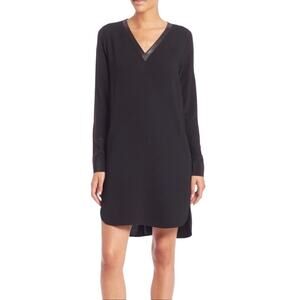 Vince Faux Leather Trim V-Neck Long Sleeve Shift Dress Size 2 Black